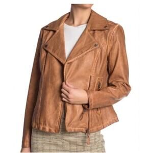 Max Studio Cognac‎ Brown Faux Leather Moto Jacket Asymmetrical Zip Womens Medium